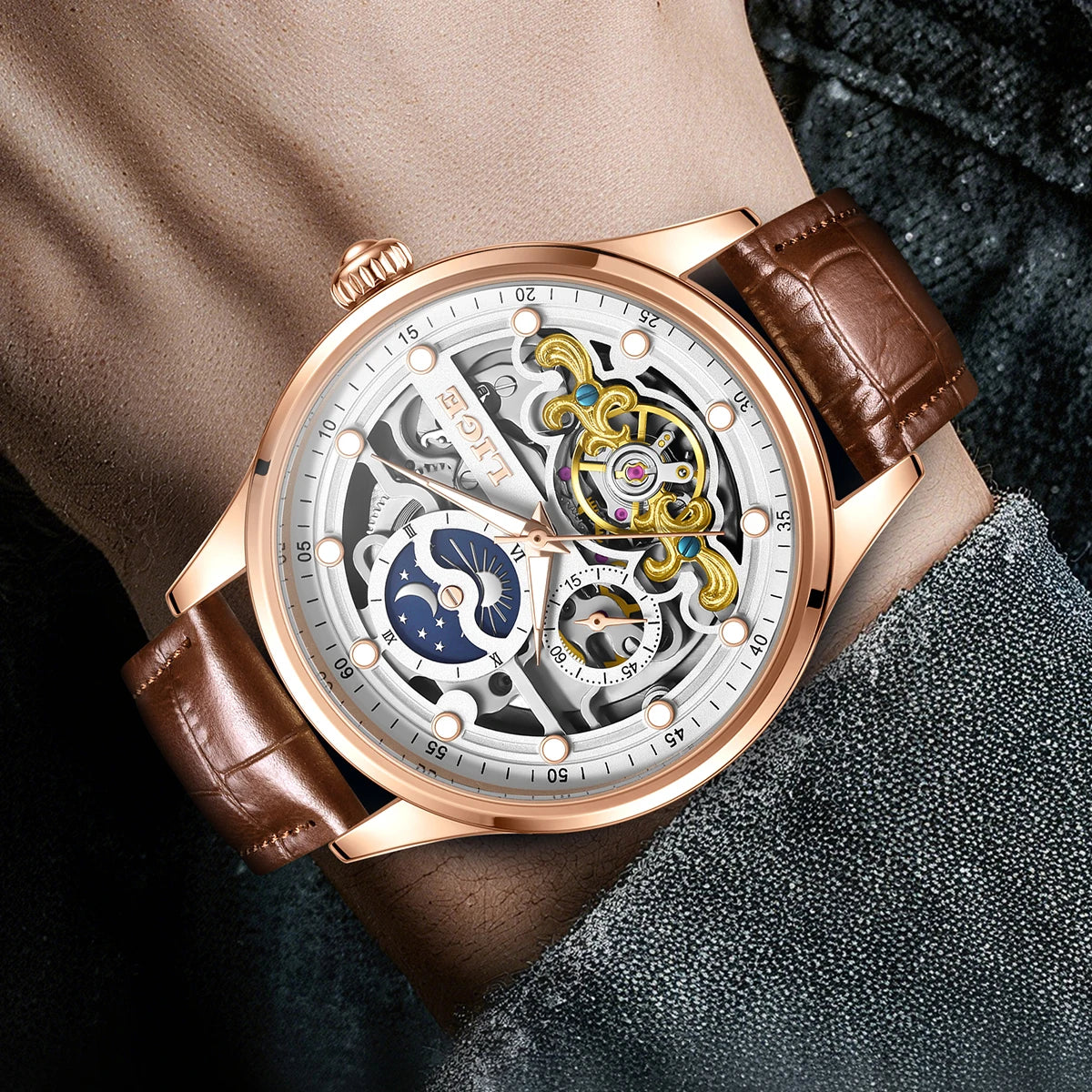 LIGE Tourbillon Skeleton Watch for Men