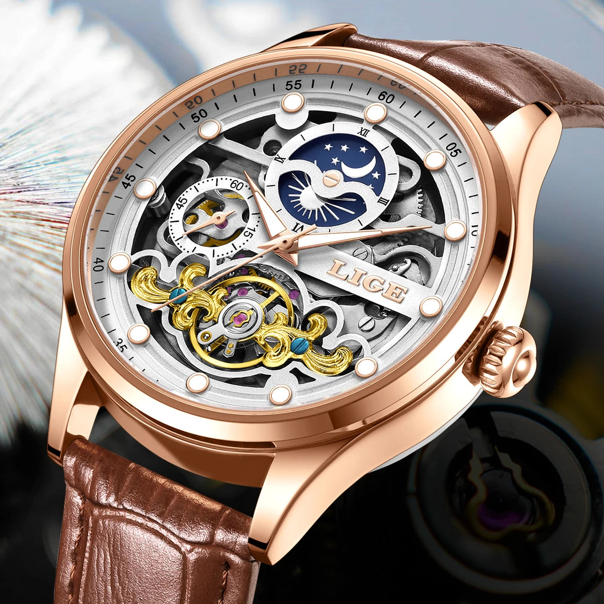 LIGE Tourbillon Skeleton Watch for Men