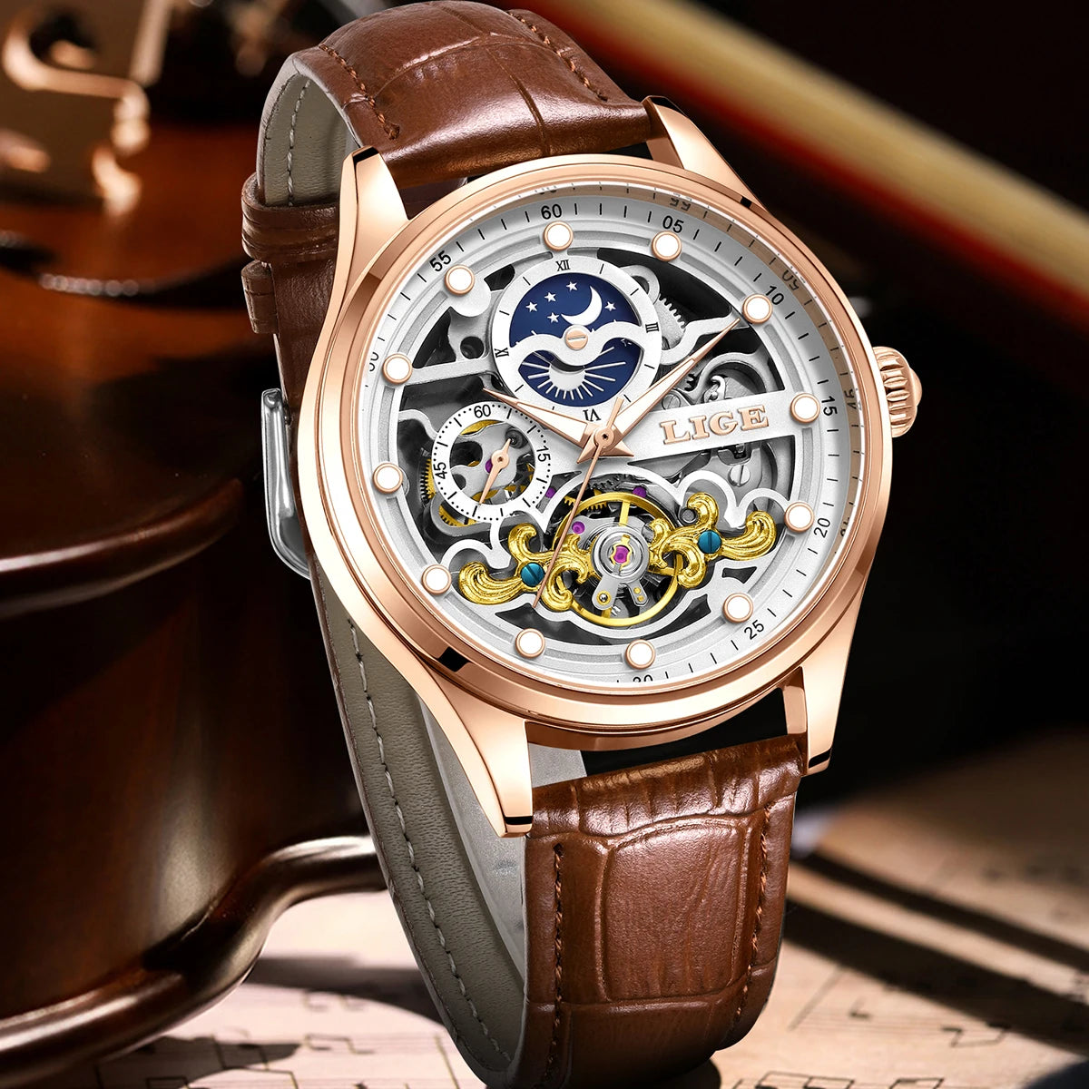 LIGE Tourbillon Skeleton Watch for Men
