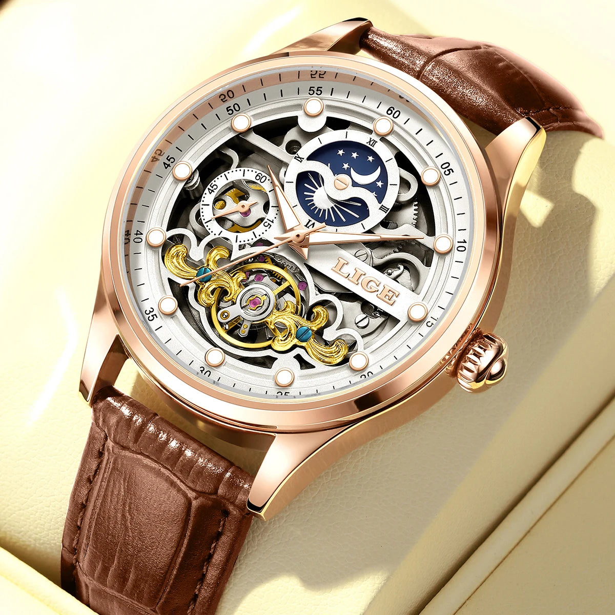 LIGE Tourbillon Skeleton Watch for Men