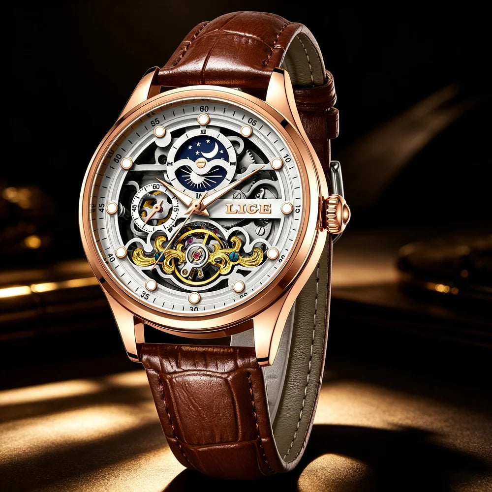 LIGE Tourbillon Skeleton Watch for Men