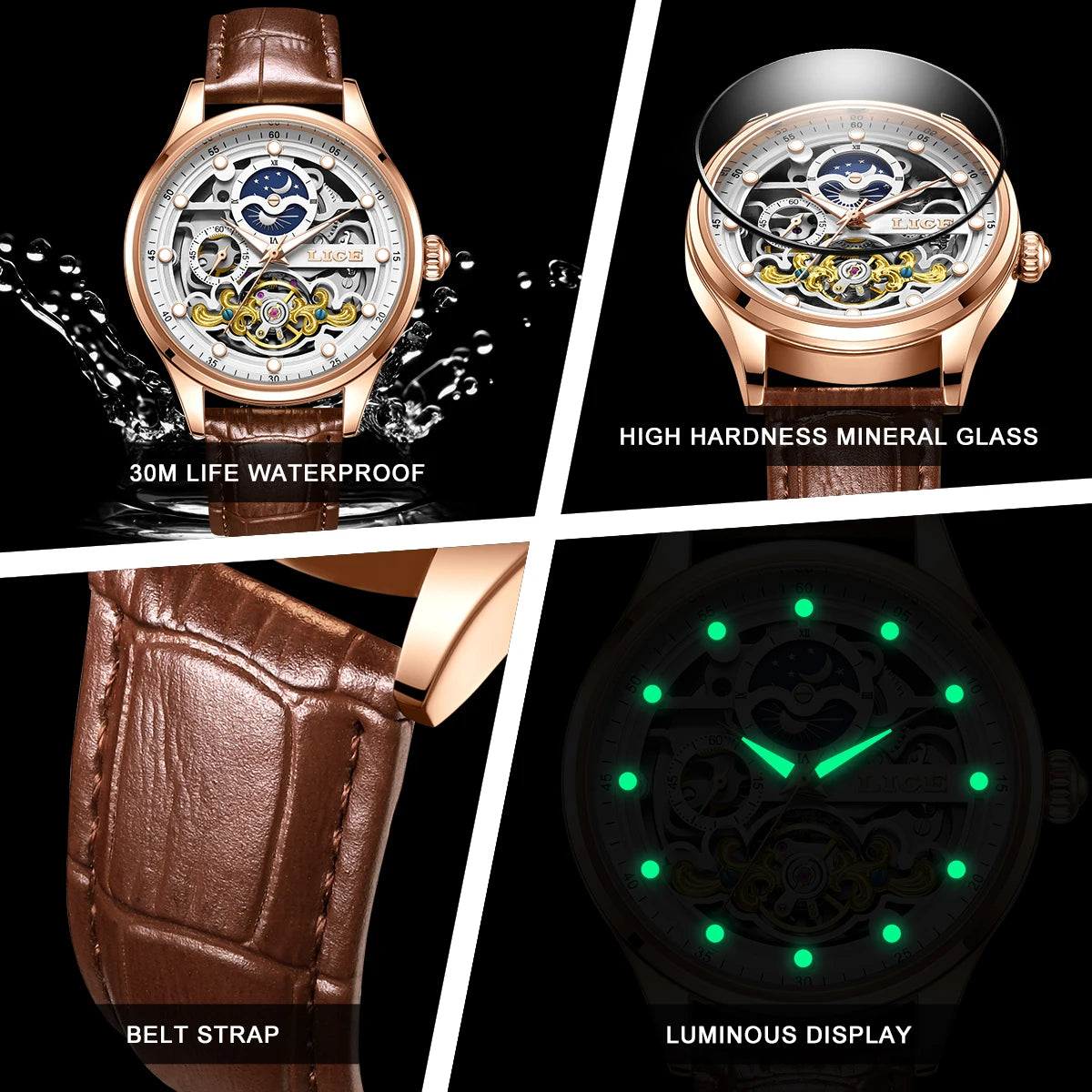 LIGE Tourbillon Skeleton Watch for Men